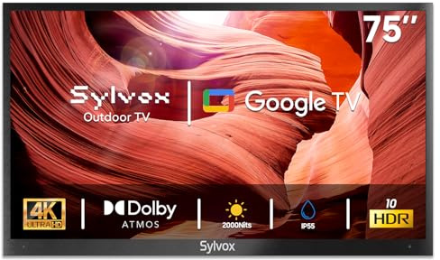 SYLVOX Outdoor TV, 75 Smart Waterproof TV for Outside, 2000 Nit Brightness | 4K UHD, Built-in Google TV, Dolby Atmos, IP55 Weatherproof, Sunlight Readable for Full Sun, Poolside, Business (Pool Pro 2.0)