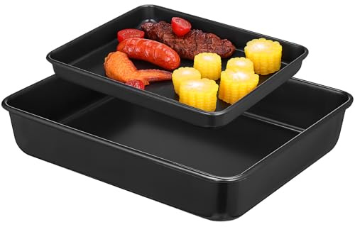 Kichvoe 2 Pcs Non-Stick Stainless Steel Oven Trays Black Baking Trays Set for Roasting Baking Cooking Large Deep 13 Inch Shallow 11 Inch Cookie Sheet Pan Heavy Duty Kitchen Bakeware Dishwasher Safe