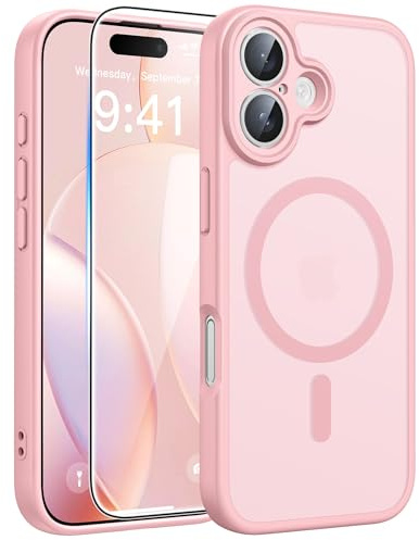 FNTCASE für iPhone 16 Hülle: iPhone 16 Handyhülle Magnetische Matt Robuste Stoßfeste - Militärische Klasse Fallsicher Harter Rücken Anti-Fingerabdruck Schutzhülle(Rosa)