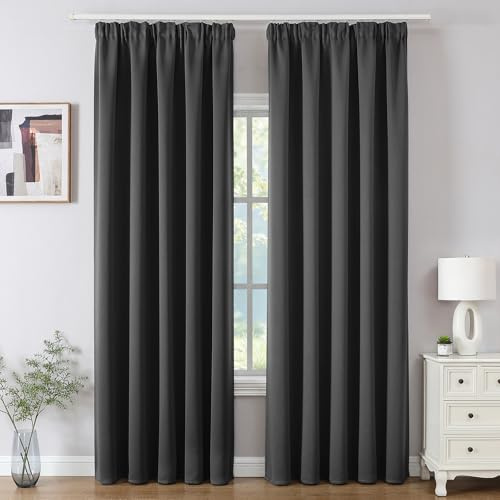 Joydeco Vorhänge mit Kräuselband Gardinen Blickdichte 2er Set Schienenvorhang Verdunkelung Wärmeschutzvorhang Übergardinen Hakengardinen Lärmschutz Wohnzimmer H245xB140 cm Dunkelgrau