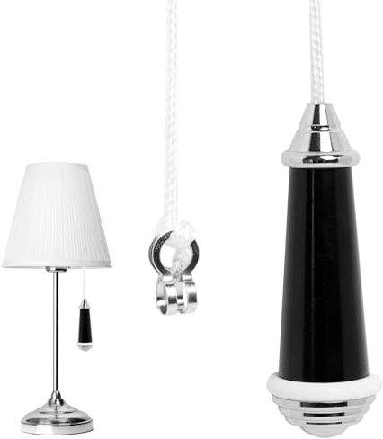 Cncedi Bathroom Light Pull Cord Switch, Black Chrome Porcelain Handle with 100cm String for Toilet, Shower, Ceiling Fan - Premium Quality Light Switch Pull Cord