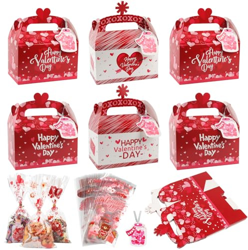 Wlicon Geschenkboxen zum Valentinstag, 12 Valentinstags-Bonbonboxen mit 48 Valentinstags-Zellophantüten, Keksbox mit Herzaufdruck und Griffen für Liebeshochzeiten, Valentinstags Partygeschenke