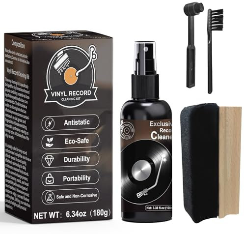 INNOVAYOU Kit de limpieza de discos de vinilo, kit de limpieza de discos de vinilo, accesorios para tocadiscos, incluye cepillo de terciopelo suave, solución de limpieza, cepillo para lápiz