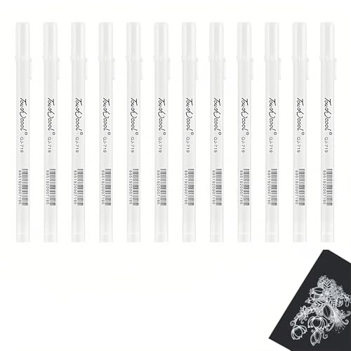 12 PCS White Gelly Roll Pens, Whites Gel Pen, White Gel Pens, Highlight Whites Rollerball Pens for Black Paper, Sketching, Drawing, Illustration, Taking Notes