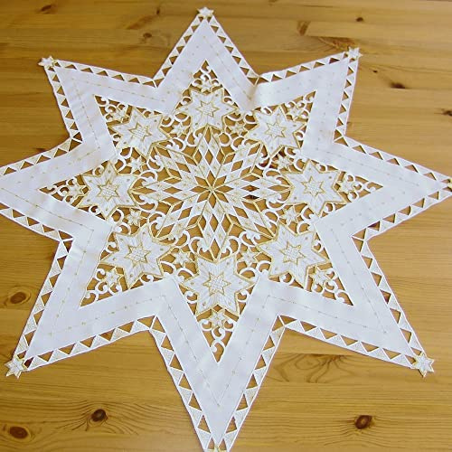 matches21 HOME & HOBBY Tischdecke Selina Ø 60 cm Ecru Lochstickerei Gold Stern-Form Mitteldecke Weihnachten Polyester