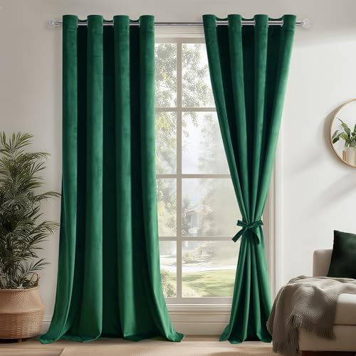 DWCN Gardinen Grün Samtvorhang mit Ösen für Schlafzimmer, H245xB140cm | 2er Set Samt Vorhänge Blickdicht mit Vorhang-Krawatten für Wohnzimmer, Weich Verdunkelung Velvet Curtains Verdunkelnd