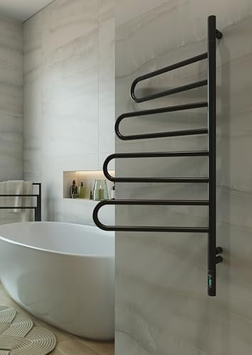 Elna - Scaldasalviette elettrico da bagno, 125 W, 102 x 46 cm, colore nero opaco, con termostato e timer, 4 bracci girevoli, IP44, montaggio a parete