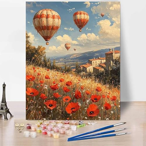 Landscape Paint by Numbers for Adults, DIY Paint by Numbers Hot Air Balloon, Canvas Oil Painting Kit with 3 Paintbrushes, Acrylic Pigment Drawing Paintwork, Gifts 16x24 Inch Without Frame -XY50F