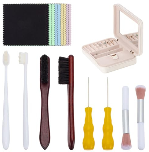 WEBEEDY Kit de limpieza de joyas, juego de 18 cepillos de limpieza de joyas con 10 paños de limpieza, cepillos grandes y pequeños, aguja, kit de paño de pulido de joyas para plata de ley, anillos, oro