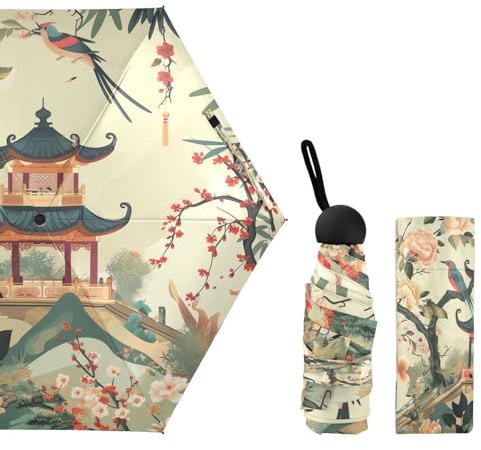 susiyo Chinoiserie Style Pavilion Trees Mini Umbrella Lightweight Small Compact Folding Sun Umbrellas