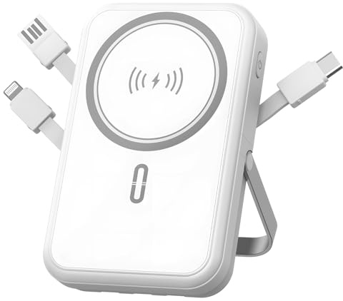 Batterie externe 10 000 mAh compatible avec MagSafe, chargeur portable magnétique avec affichage numérique, charge rapide sans fil 15 W, 3 câbles intégrés, support pliable compatible avec iPhone 16/15