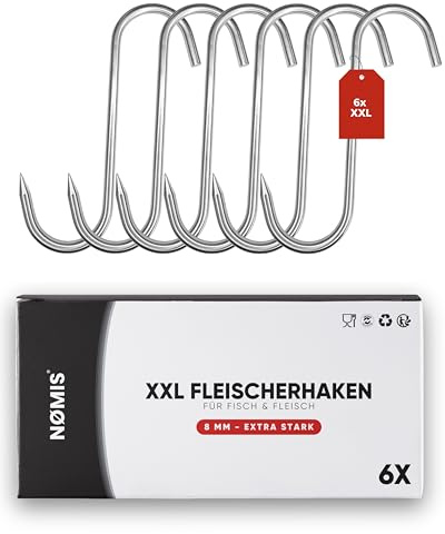 XXL Fleischerhaken Groß [6er Set] | Fleischerhaken Edelstahl für Fleisch u. Großfisch | Fleischhaken | Beliebt bei Metzgern und Jägern | 8 MM Extra Stark Aufhängen | Trocknen und Räuchern von Fleisch