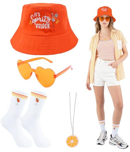 Kitimi Aperol Fischerhüte Kostüm Accessoires, Karneval Accessoires mit Herz Sonnenbrille Fischerhut Beinbedeckung Halskette, Aperol Spritz Anglerhut für Partys Themenveranstaltung Cosplay (Orangen)
