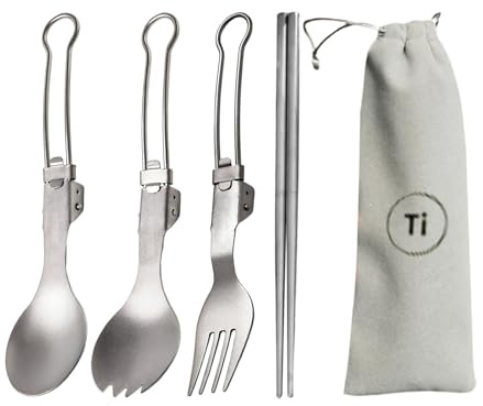 Titan-campingbestick-set 60 g – campingredskap | resebestick-set | återanvändbara hopfällbara bestick 4 delar | Bärbar för picknick, vandring, utomhus, familj och dagligt bruk
