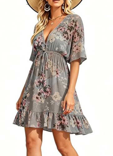 Strandkleid Damen Sommer V-Ausschnitt Bikini Cover up Strandtunika Leinen | Kleid mit Kordelzug,Rüschenrock,Rüschenärmel,V-Ausschnitt,Sexy und locker,Perfekt für den Urlaub,Ideal für den Strand