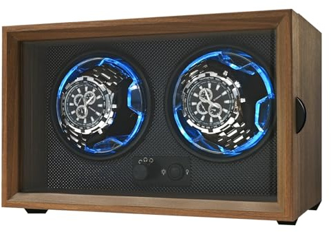 Isili Doppel Uhrenbeweger für Automatikuhren, Dual Uhrenbeweger Box für Uhrenliebhaber, mit leisem Motor 4-Rotationsmodus Einstellung, blaues Licht, elastische Uhrenkissen, Geschenk für Mann