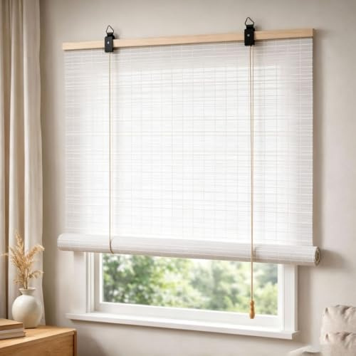 70x200cm Sonnenschutz Bambusrollo in Natur Weiß,Bambus Rollo Raffrollo | Sonnenschutz/Lichtfilterung/Anti-UV,Seitenzug Sichtschutz Jalousie,für Innen- und außenbereich Terrasse/Garten/Fenster