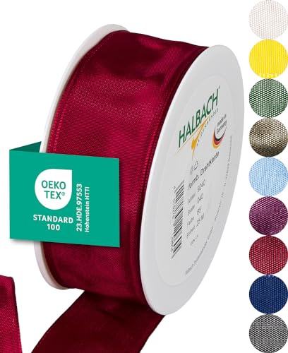 Halbach sidenband premium presentband med trådkant | bredd 40 mm längd 25 m | Öko-Tex 100 certifierat band | Taftband Made in Germany, färg: vinröd