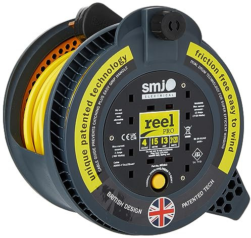 SMJ Electrical RP1513 13A 4G 15 Metre Reel Pro Cable Reel with Thermal Cut Out, Black/Yellow
