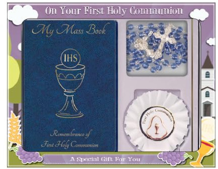 FHC FIrst Holy Communion Gift Set Mass Book, ROsary Beads, Rosette, Medal C5218