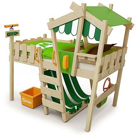 Wickey Kinderbett, Hochbett Crazy Hutty aus Massivholz & weiterem Spielzeugzubehör 90 x 200 cm – Plane grün/apfelgrün - Hausbett für Kinder - individuell Gestaltbar