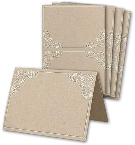 Glüxx-Agent 25 Tischkarten Hochzeit - Kraftpapier-Optik mit Ornamenten - Platzkarten DIN A7 7,4 x 10,5 cm blanko bedruckbar zum Beschriften – Namenskarten, Tischreservierung für Taufe