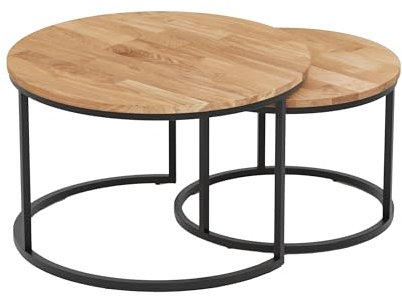RIVERBANK® Couchtisch Rund - Stylischer Satztisch aus Massiv Eichenholz Set 2er - Vintage Sofa Tisches, Massiv Wohnzimmertisch, Wohnzimmer Schwarz 2er Set Coffee Table 75 und 58 cm