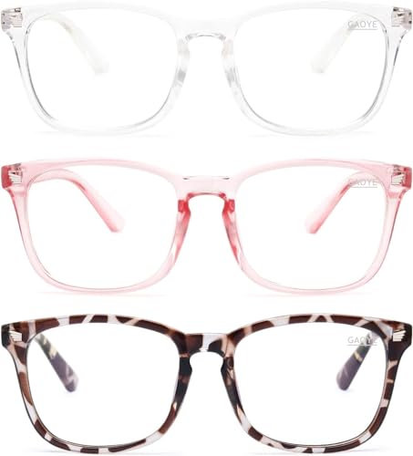 Gaoye Lot de 3 lunettes anti-lumière bleue pour homme et femme - Monture carrée tendance - Faux nerd - Filtre anti-rayons UV - Lunettes de jeu sur ordinateur (léopard + transparent + rose)
