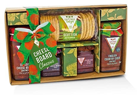 Cottage Delight - Cheese Hamper, Cheeseboard Chutney 330g, Cheese Maker's Pickle 115g, Caramelised Onion Chutney 105g, English Country Cider Chutney 325g with Scottish Oatcakes, Cheese Gift Set