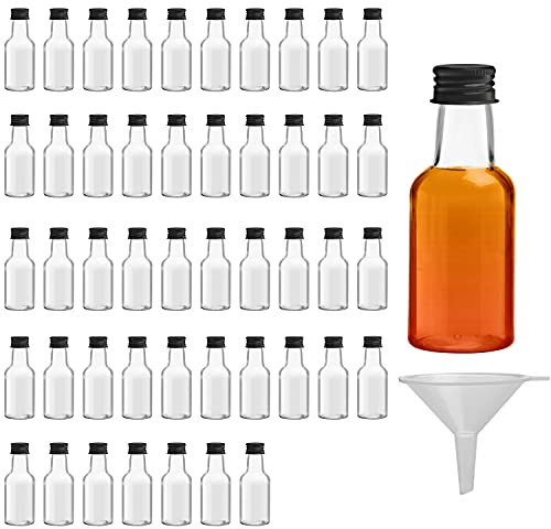 Belle Vous Mini Liquor Bottles (48 Pack) - Reusable Plastic 25ml (0.85 fl oz) Empty Spirit Bottle with Black Screw Cap, Liquid Funnel for Easy Pouring, Filling - Miniature Bottles - Weddings & Parties