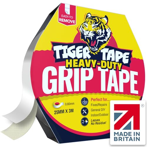 Tiger Tape® UK Made. Heavy Duty Double Sided Grip Tape – No Residue Extra Strong Sticky Tape. Works on Rugs, Carpets, Woods, Fabric. Indoor Outdoor, 25mm x 3m