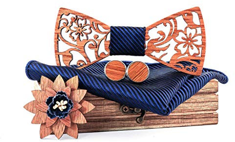 COMIOR Geschenke für Männer Fliege Holzfliege ManschettenKnöpfen Einstecktuch Vintage Mode Handgemachte Natürliche Klassische Stilvolle Herren Zubehör Für Hemd Formeller Anzug Smoking