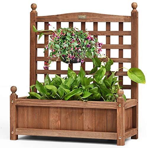 COSTWAY Blumenkasten mit Rankgitter, Pflanzkasten Holz, Hochbeet mit Spalier, Blumenkübel Rankhilfe, Gartenspalier Rankkasten für Kletterpflanze, Garten Terrasse Hinterhof, 64,5 x 28 x 75 cm, Braun