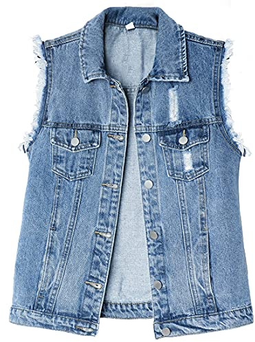 ebossy Women's Candy Color Slim Fit Sleeveless Distressed Denim Jean Vest Jacket (Large, Z-Blue)