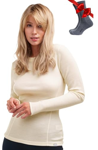 Merino.tech Maglia Termica Donna Lana Merinos - 100% Lana Merino Intimo Donna Leggero, Medio, Pesante con Calzini (Medium, 250 Natural Merinos)