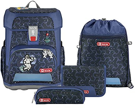 Step by Step Schulranzen-Set Cloud Star Astronaut Cosmo, 5-teilig, blau, Astronaut-Design, ergonomischer Tornister mit Reflektoren, höhenverstellbar mit Hüftgurt, für die 1. bis 4. Klasse, 19L