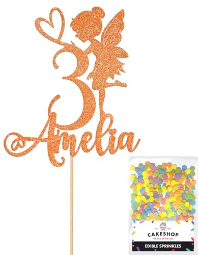 Personalised Fairy Gltter Cake Topper- Copper Orange Any Custom Name & Age Glitter Cake Decoration and Sprinkles - Happy Birthday Decorations - Personalised Toppers for Cakes by Cakeshop