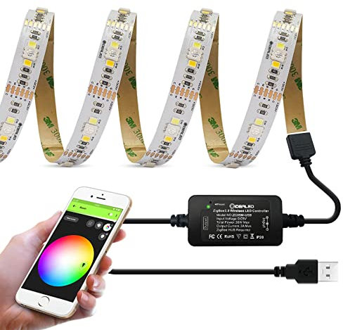 ZigBee USB RGBWW LED Strip Light Dimmable Smart Ambiance LED Kit Work with Hub Bridge Echo Plus for APP/Alexa Voice Control 6.56ft RGB Cold White Warm White 5V RGBCCT Lightstrip Plus Lighting