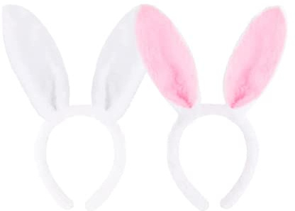 Bandeaux Oreilles de Lapin de Pâques en Peluche 2 pièces Blanc et Rose