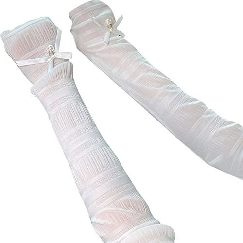 Spitze Fingerlose Handschuhe,UV-Sonnenschutz Spitze Perle Armstulpen Elastische Atmungsaktiv Sommer Armstulpe Handstulpen Fahrradhandschuhe für Frauen Radsport Golf Radfahren für Damen,Weiß