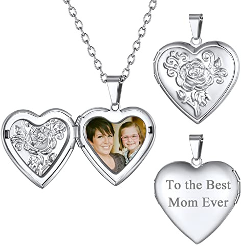 FindChic Personalisierte Ketten Herz Medaillon Zum Öffnen für Bilder Damen Foto Medaillon Aufklappbar Halskette Amulett Anhänger Gravierte Text Schmuck Silber/Gold/Rosegold
