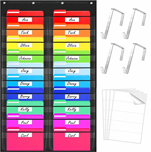 Tabella Tascabile, Cartella Organizzativa da Parete con 20 Tasche Trasparenti per File, 20 Adesivi Nominativi Cancellabili a Secco Più 4 Ganci Sopra la Porta per File, Aula e Ufficio (72.4cm x 119cm)