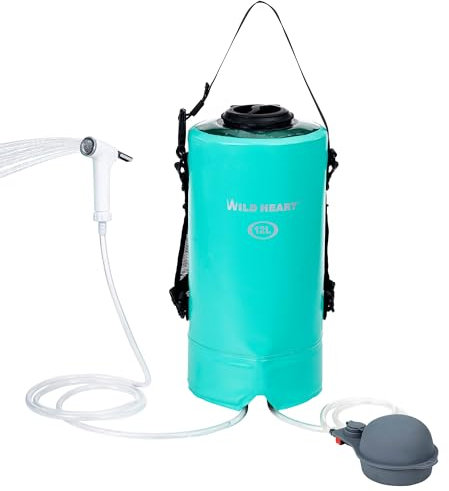 WILD HEART Ducha de Camping Mejorada, 12 L/ 3 galones Bolsa de Ducha de Presión Portátil con Tapa de Rosca, Bomba de pie a Presión y Boquilla de Ducha para Playa, Camping, Natación (Turquesa)