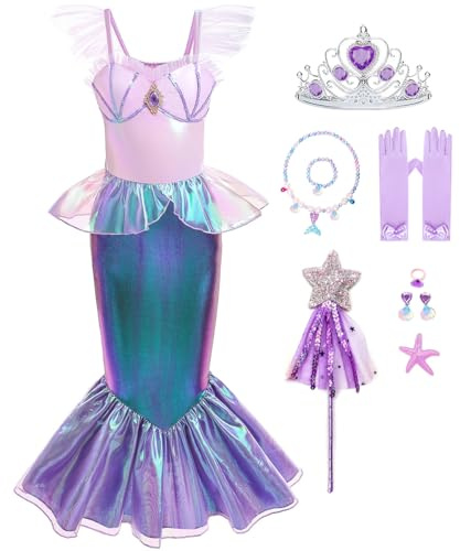 ZaisuiFun Ariel sjöjungfru klänning flicka kostym prinsessa sjöjungfru flicka med tillbehör för halloween karneval jul födelsedag
