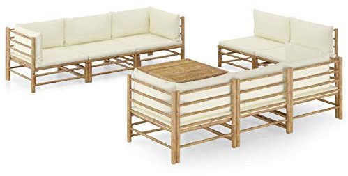 SECOLI Gartenmöbel Set Holz Gartenlounge Outdoor Holz Gartensofa Holz Lounge Sofa Outdoor Ecksofa Garten Sitzgruppe Loungemöbel Terrasse Bambus-Creme-9-tlg