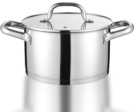 Herogo Pentola da 24 cm, 5,6 l, in acciaio inox, a induzione, con coperchio in vetro, per pasta e carne, per tutti i piani cottura, non verniciata e lavabile in lavastoviglie