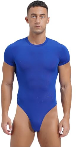 ranrann Männer Body Kurzarm Unterhemd Shirt Eng Einteiler Bodysuit Stringbody Leotard Hohe Beinausschnitt Herren Unterwäsche Dessous Blau L