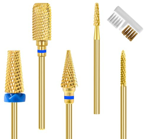 CGBE 5 Pezzi Punta Fresa Unghie Oro per La Preparazione delle Unghie | Punte Fresa Rimozione Gel Acrilico Cuticola, 3/32 Pollici, Grana Media, Carburo Tungsteno, Ideale per Arte Delle Unghie