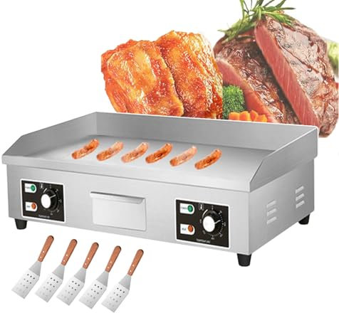 forplubossmmp Piastra Elettrica Commerciale + 5 Spatole per Friggere, Griglia Elettrica per Bistecche, Griglia per Hamburger Bacon in Acciaio Inox, Teppanyaki, Piastra Antiaderente per Barbecue,4400W