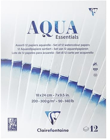 Clairefontaine 976098C - Zeichen- und Skizzenblock Aqua Essentials, geleimt, 12 Aquarellpapiere sortiert, 18x24cm, 200g-300g, für Nasstechniken, 1 Stück